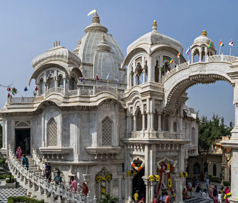 Devotees climbing the stairs to ISKCON Temple, Vrindavan